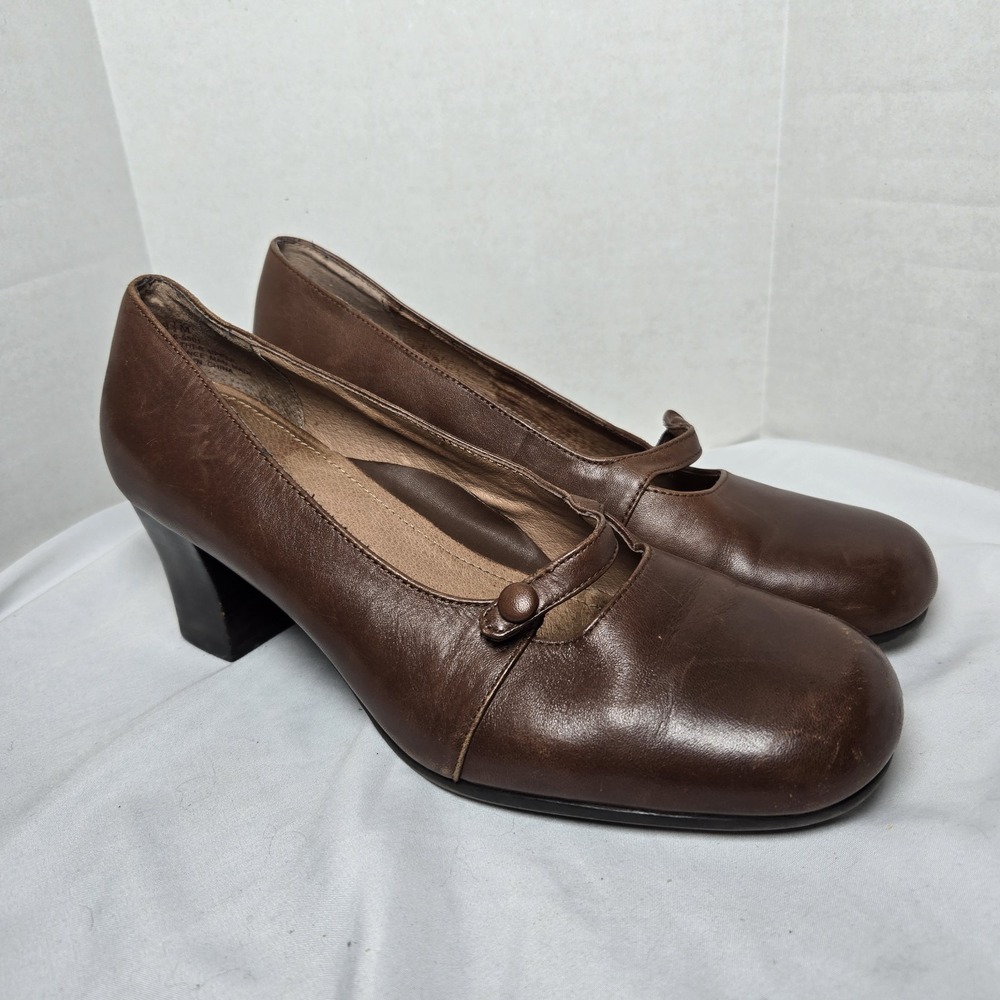 Strictly Comfort Brown Leather Mary Jane Shoes Heels Womens 8.5 Academia Preppy
